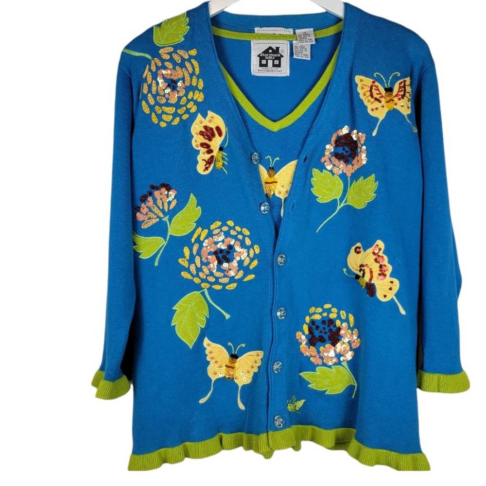 VTG Storybook Knits Butterflies In The Sky 2pc Tank and Cardigan Sweater Size M
